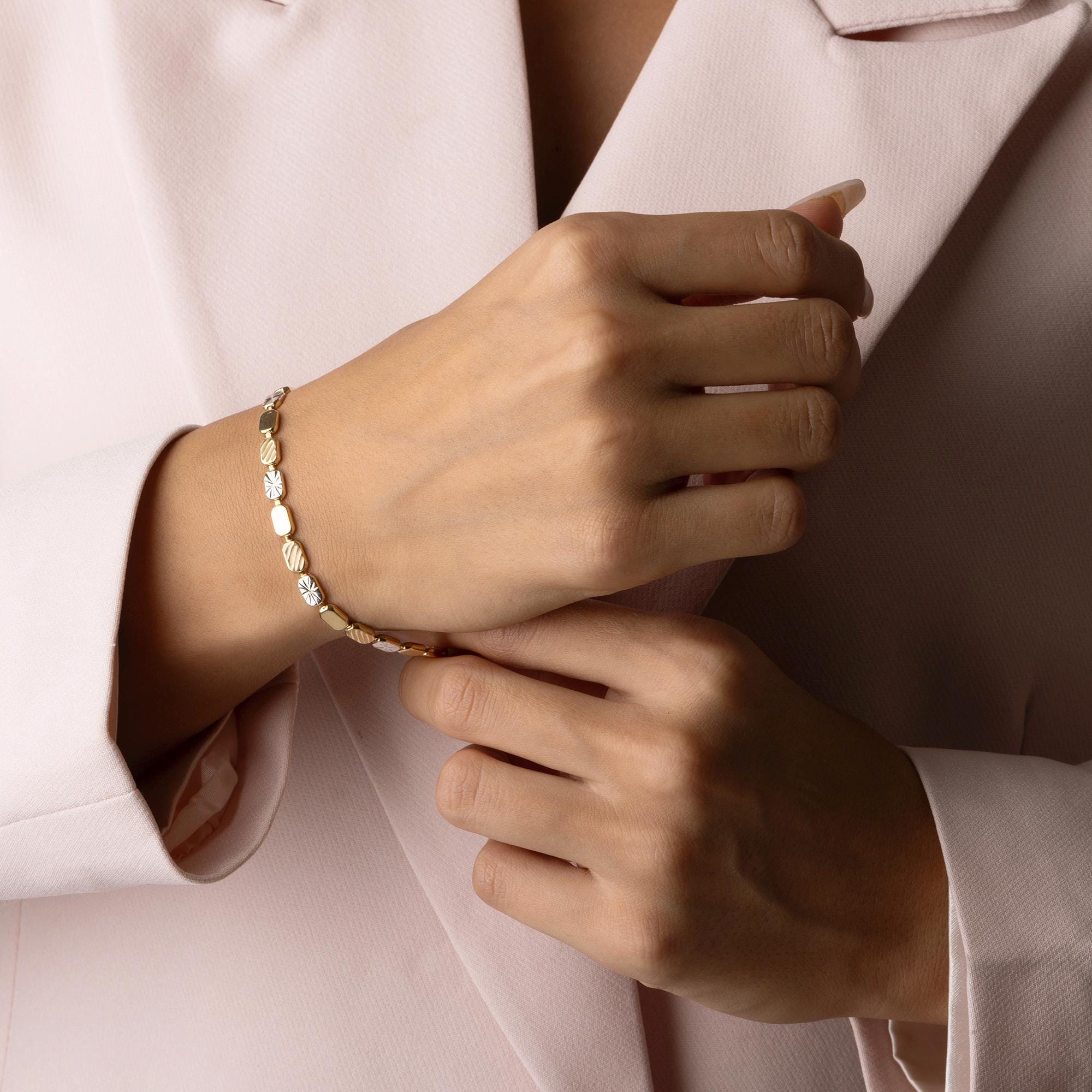 14K Solid Gold Two-Tone Bracelet – Elegant Real Gold Jewelry with White Gold Accents, Minimalist Bracelet for Women, Everyday Gift