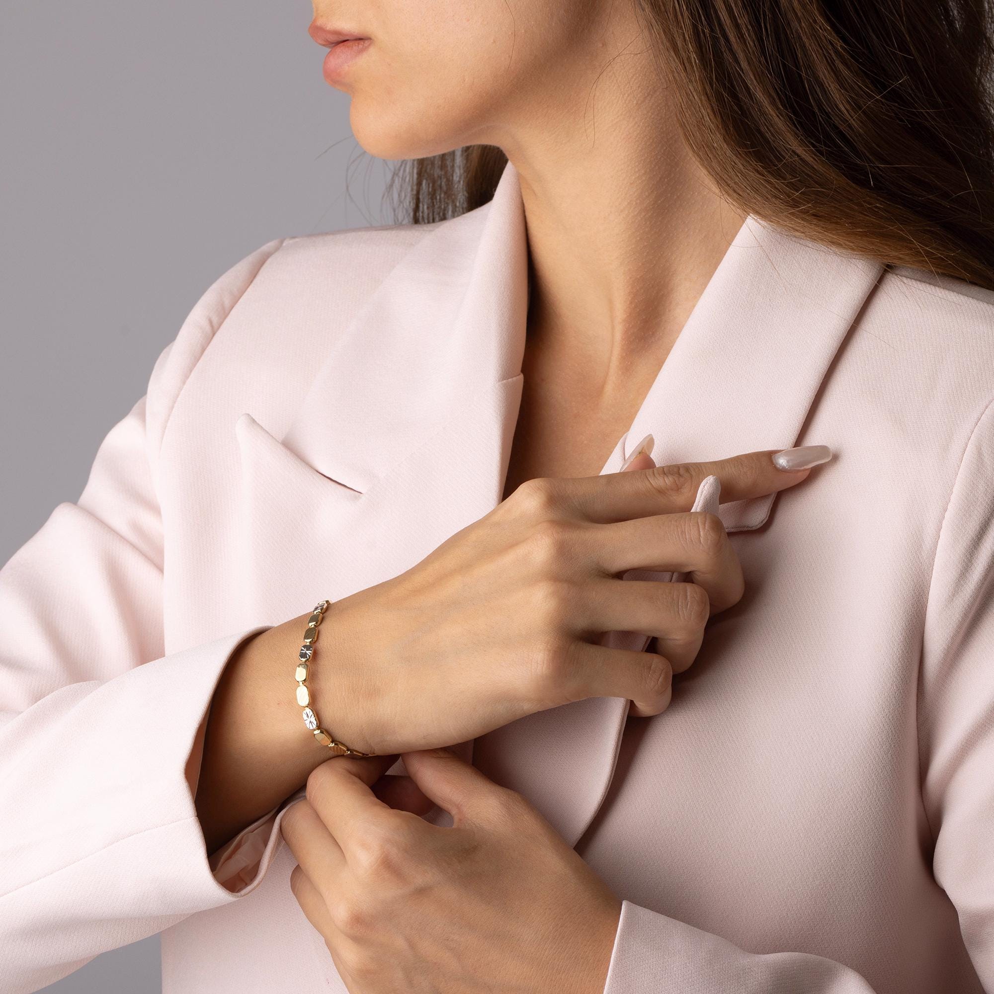 14K Solid Gold Two-Tone Bracelet – Elegant Real Gold Jewelry with White Gold Accents, Minimalist Bracelet for Women, Everyday Gift