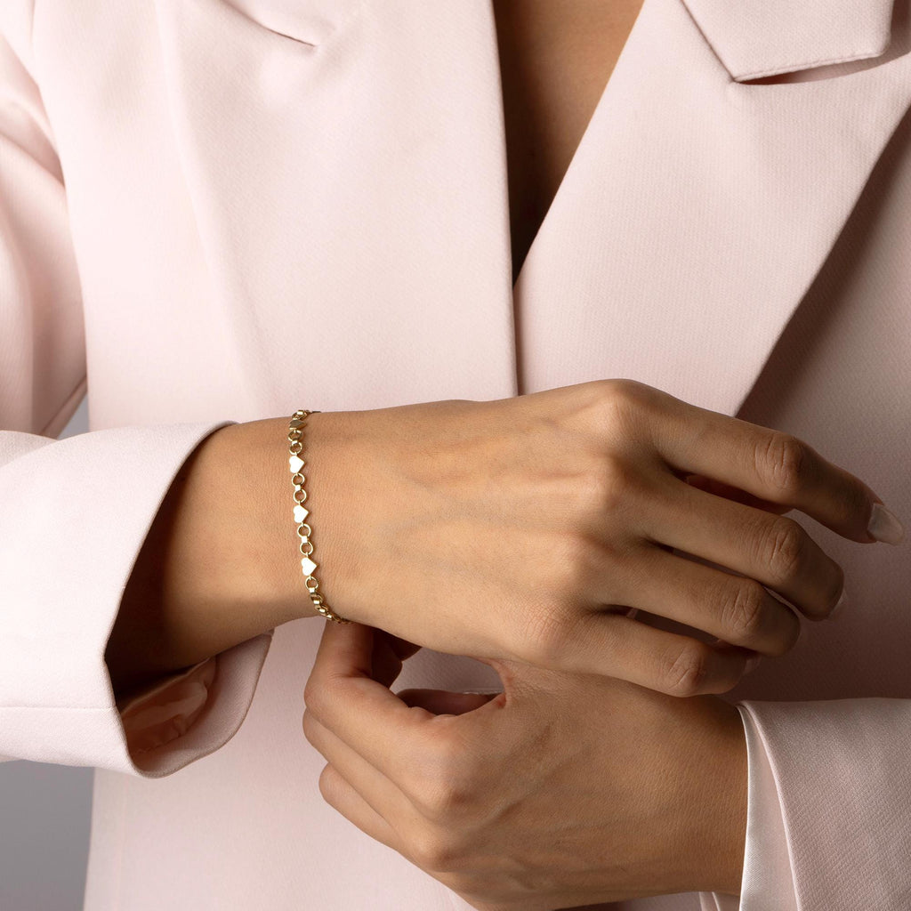 14K Solid Gold Heart Link Bracelet, Real Gold Dainty Chain, Minimalist Romantic Jewelry, Elegant Gift for Her