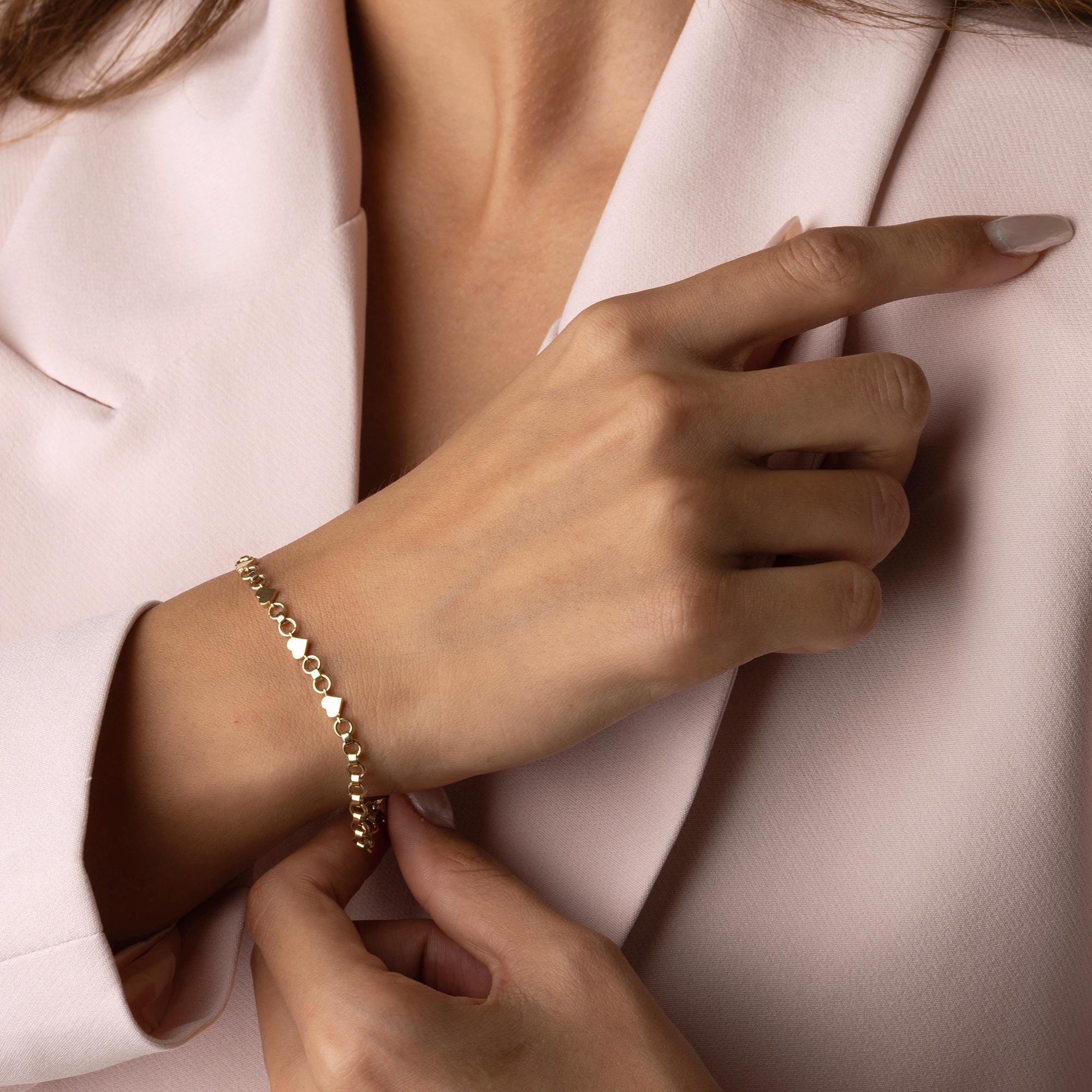 14K Solid Gold Heart Link Bracelet, Real Gold Dainty Chain, Minimalist Romantic Jewelry, Elegant Gift for Her