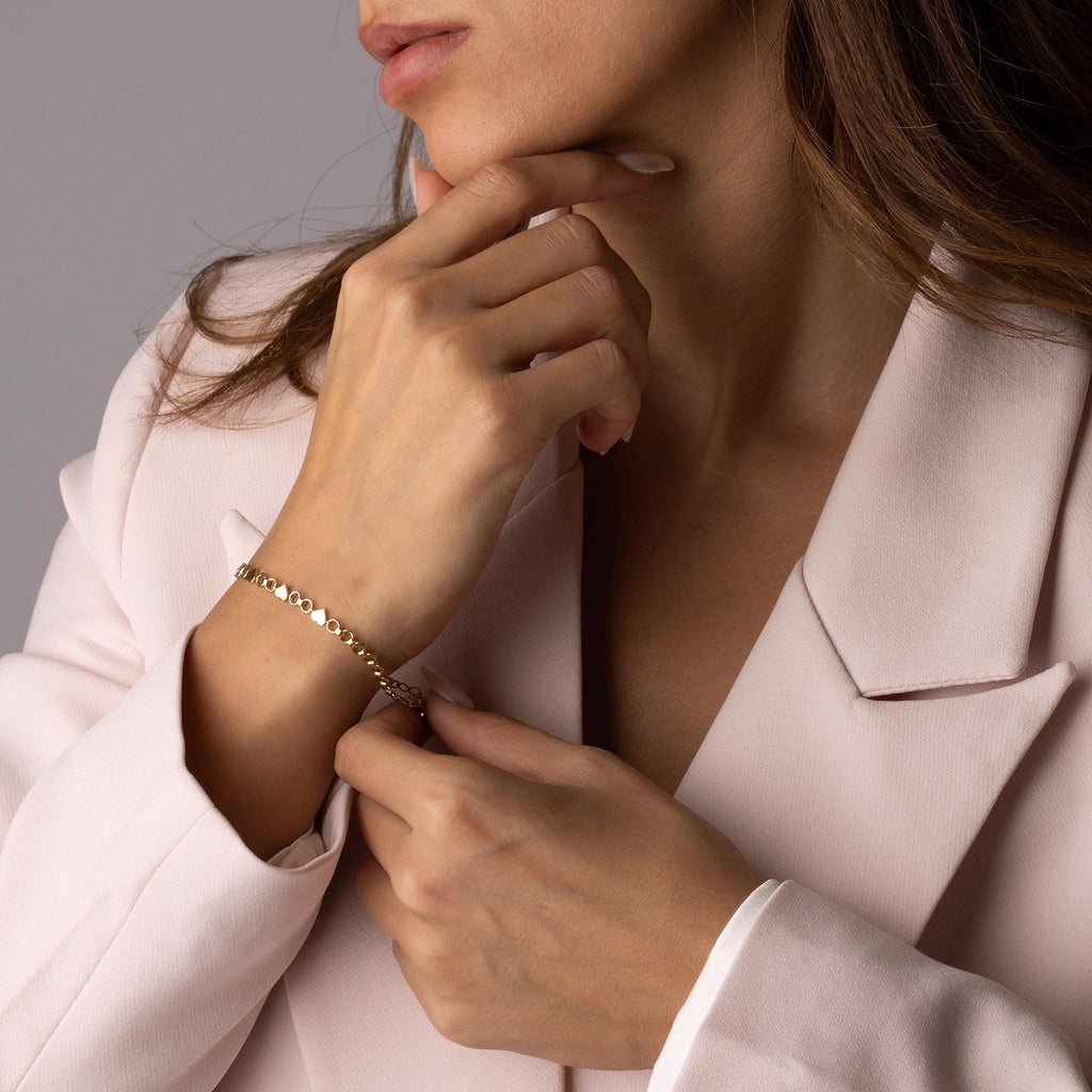 14K Solid Gold Heart Link Bracelet, Real Gold Dainty Chain, Minimalist Romantic Jewelry, Elegant Gift for Her