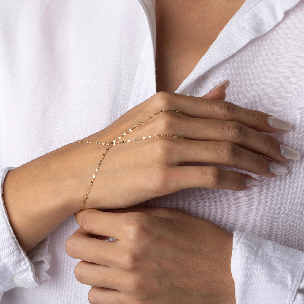 14K Solid Gold Hand Chain Bracelet, Dainty Slave Bracelet, Real Gold Jewelry for Women, Minimalist Fine Gold Gift