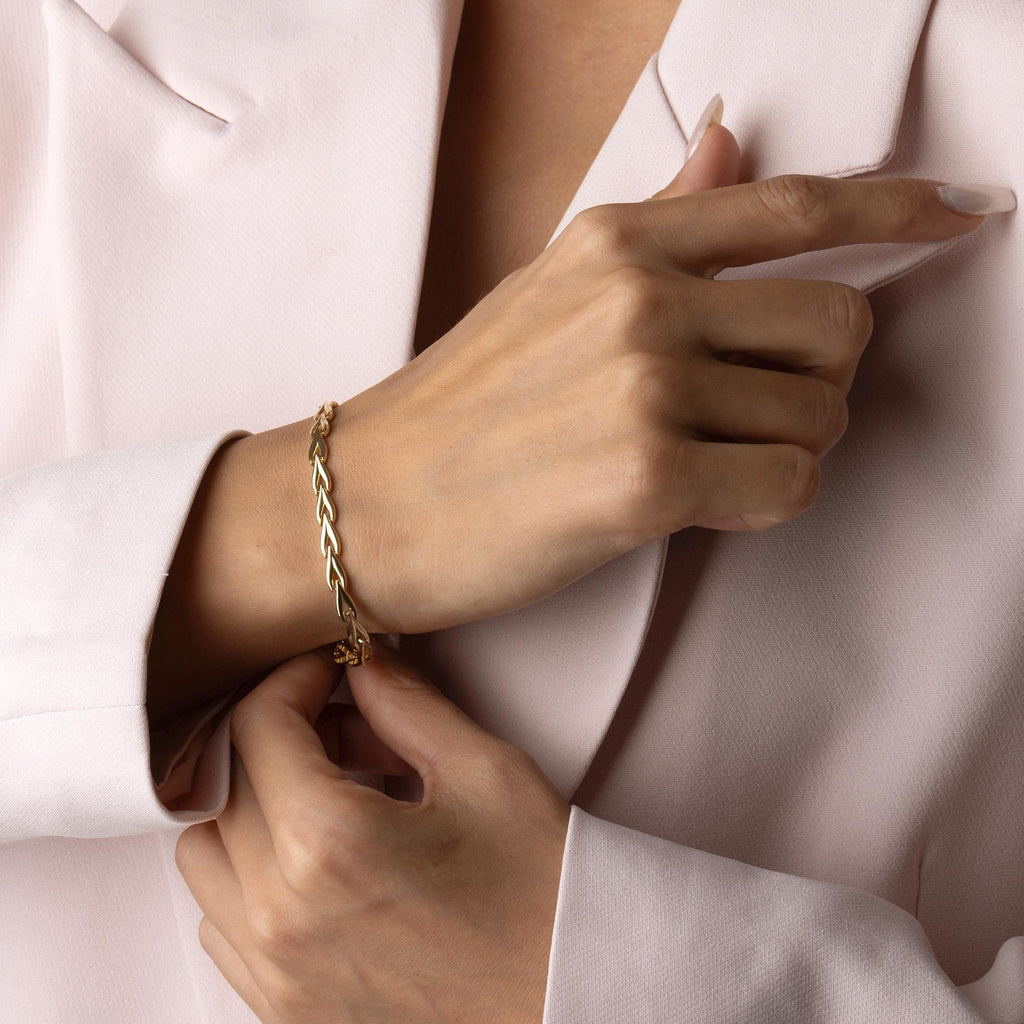14K Solid Gold Leaf Link Bracelet – Dainty Chain Bracelet for Women, Minimalist Real Gold Jewelry, Everyday Elegant Gift
