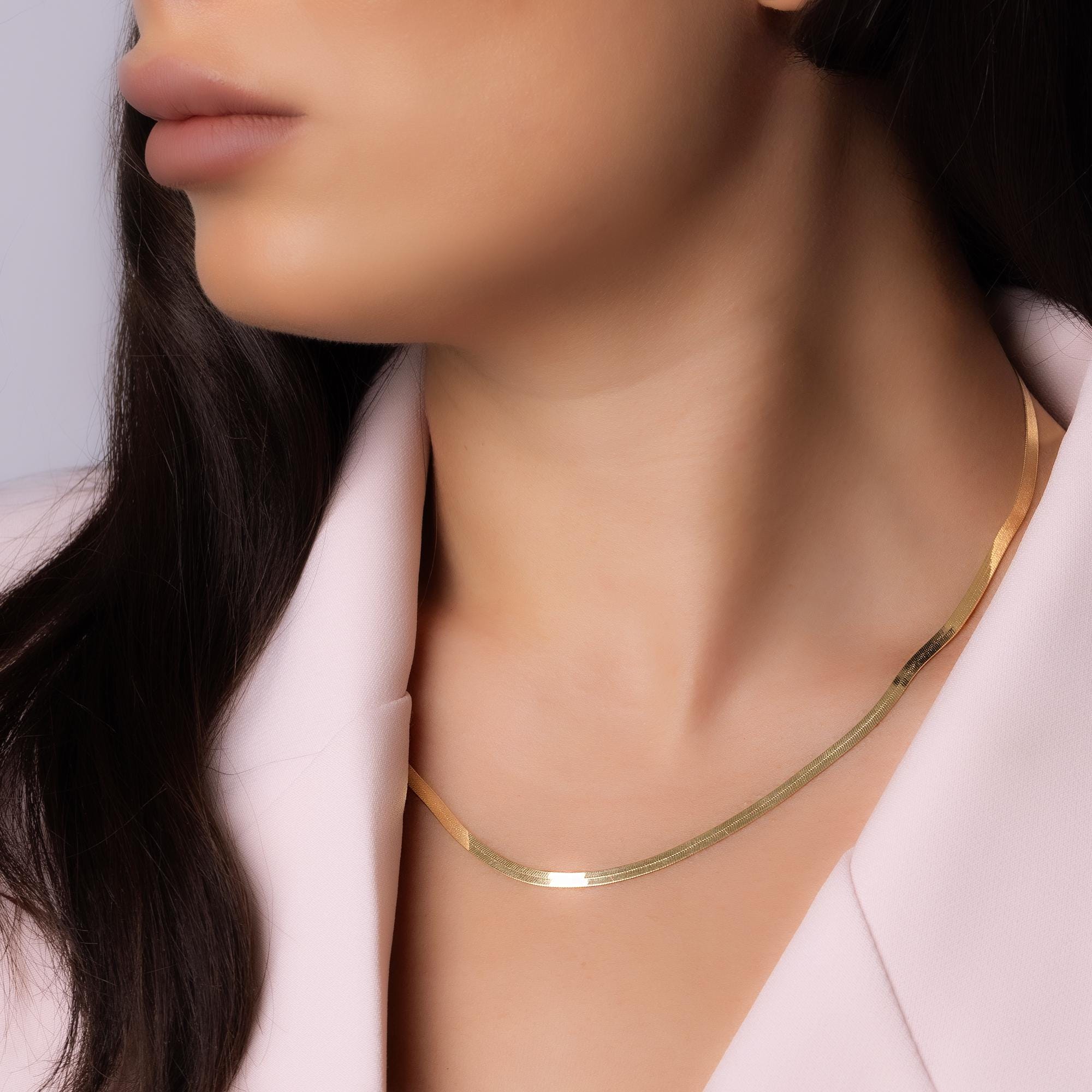 14K Gold Herringbone Necklace - Minimalist Gold Choker Necklace