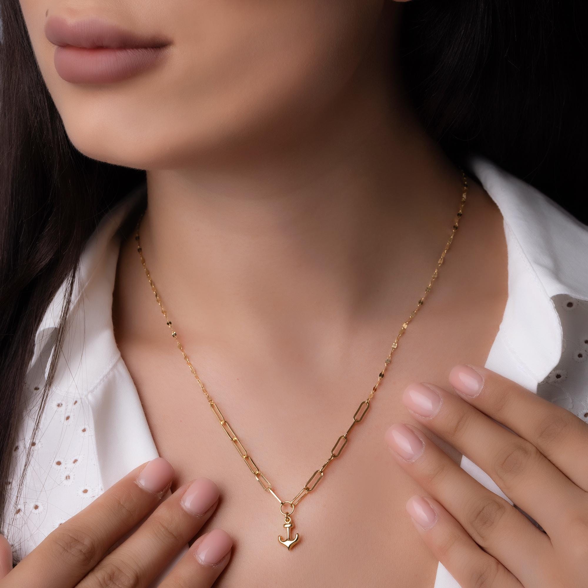 14K Solid Gold Anchor Pendant Necklace - Minimalist Nautical Jewelry