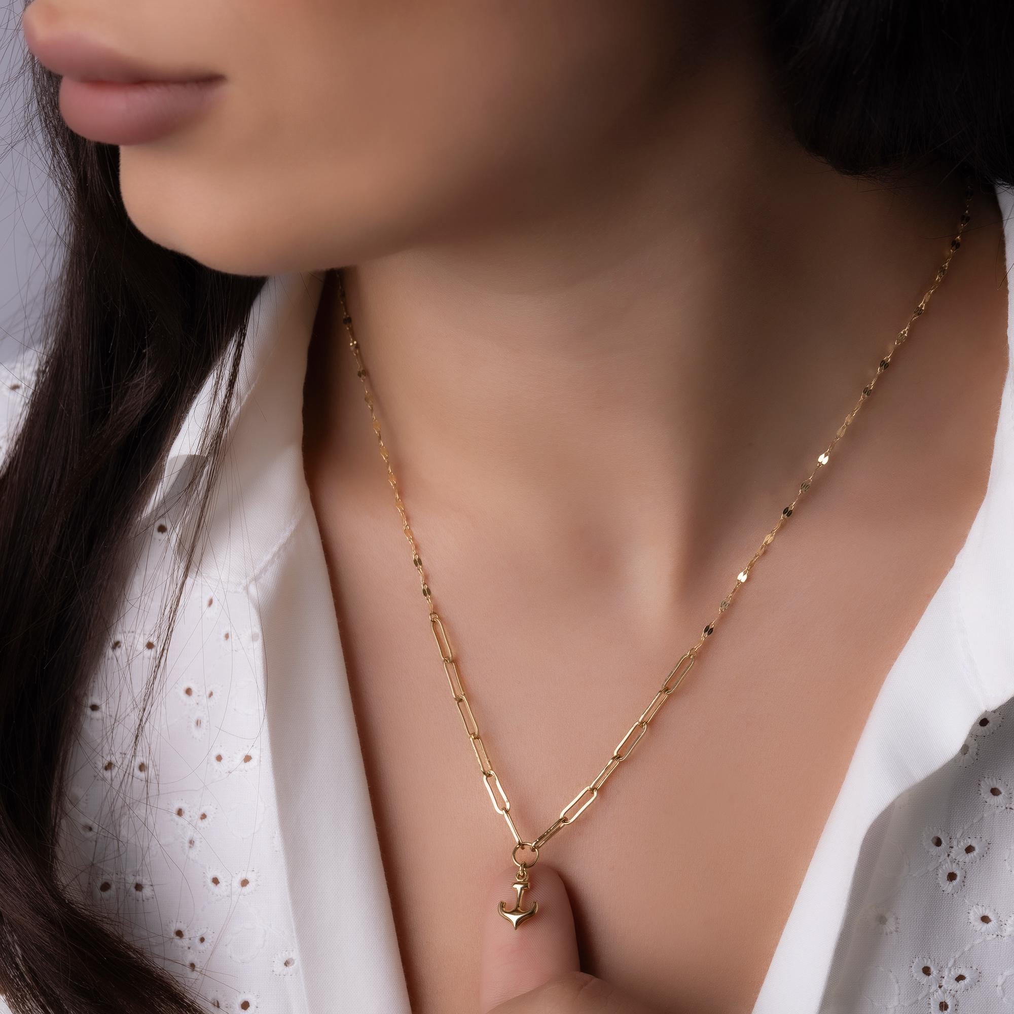 14K Solid Gold Anchor Pendant Necklace - Minimalist Nautical Jewelry