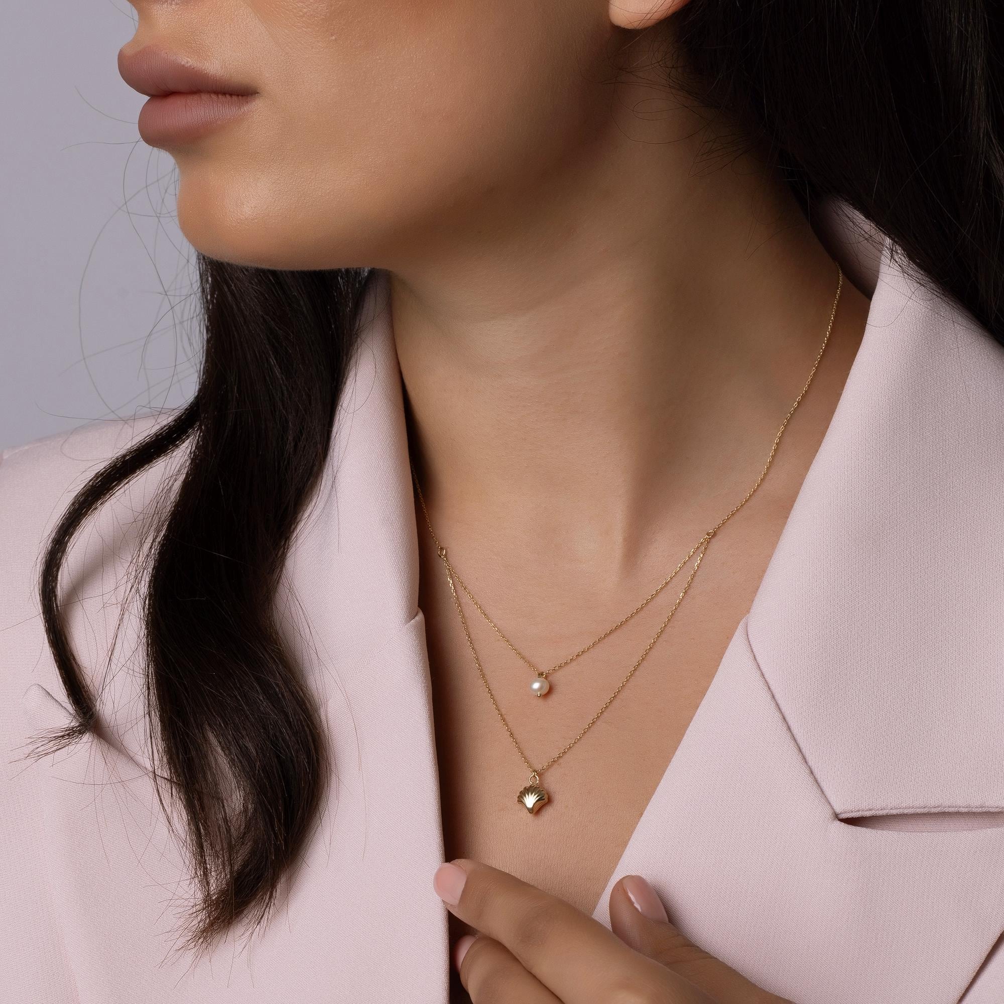 14K Solid Gold Layered Necklace with Pearl and Shell Pendant - Dainty Double Chain Necklace