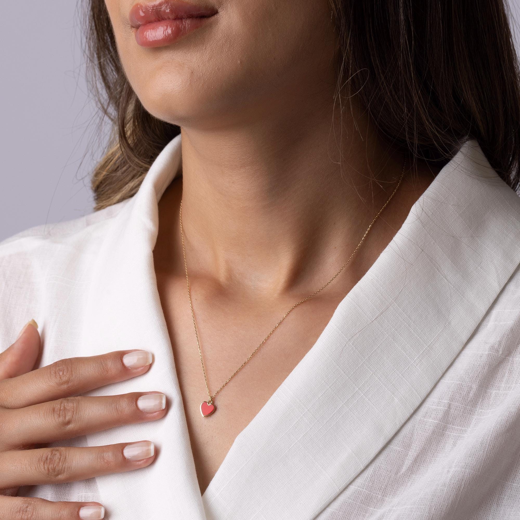 14K Solid Gold Red Heart Necklace - Enamel Love Pendant