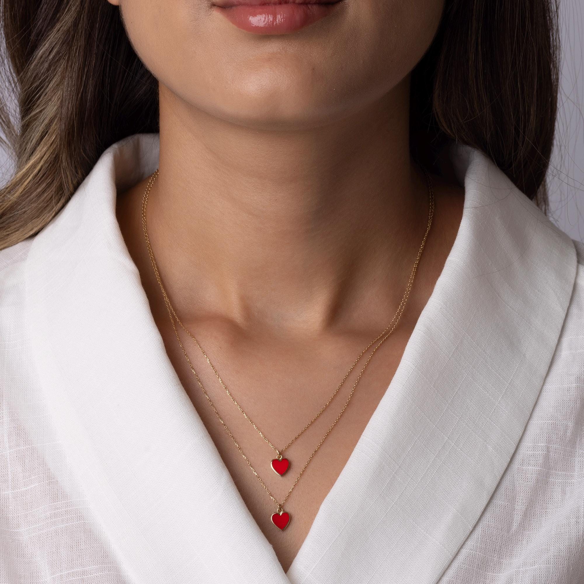 14K Solid Gold Red Heart Necklace - Enamel Love Pendant