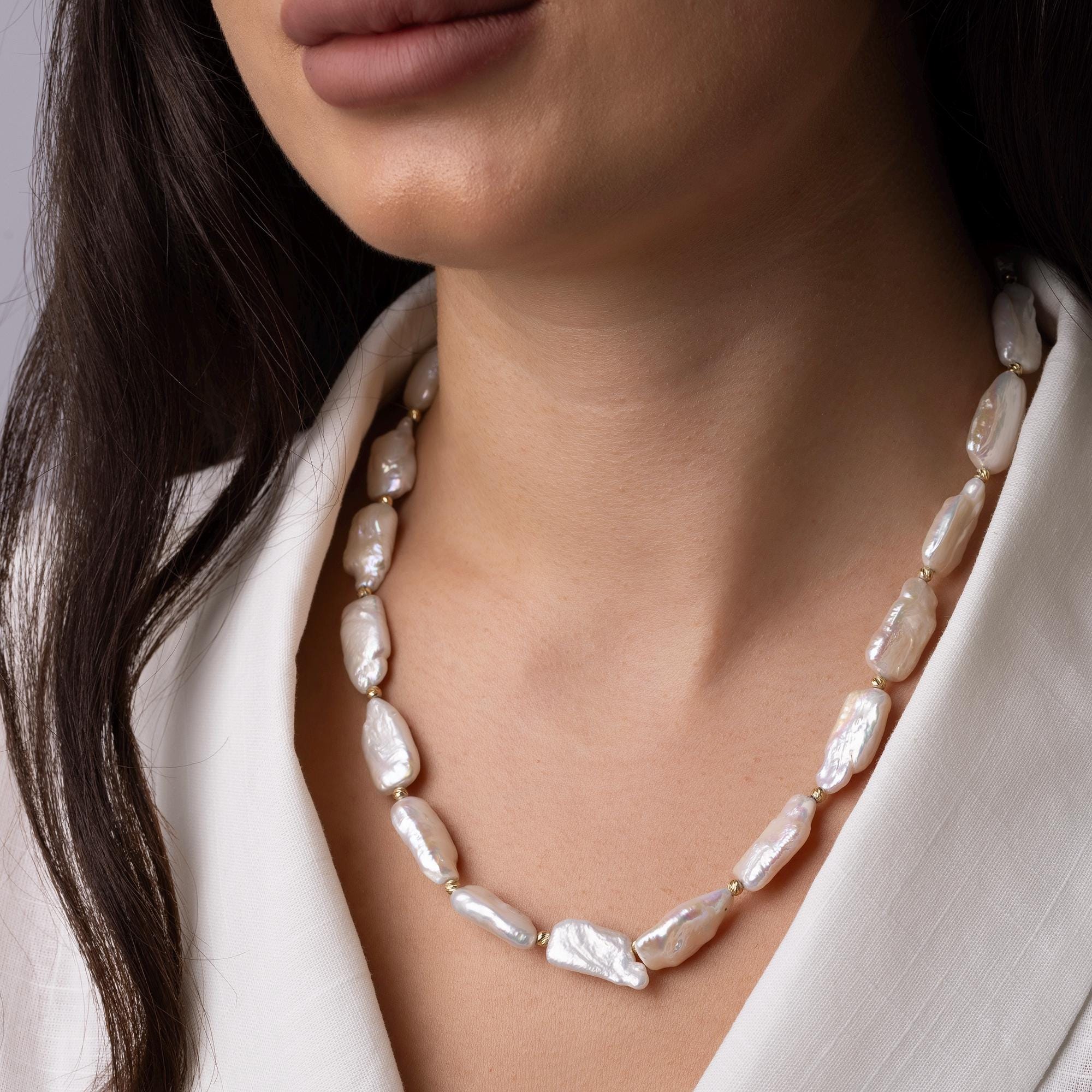 14K Gold Baroque Pearl Necklace - Natural Freshwater Pearls with Gold Beads