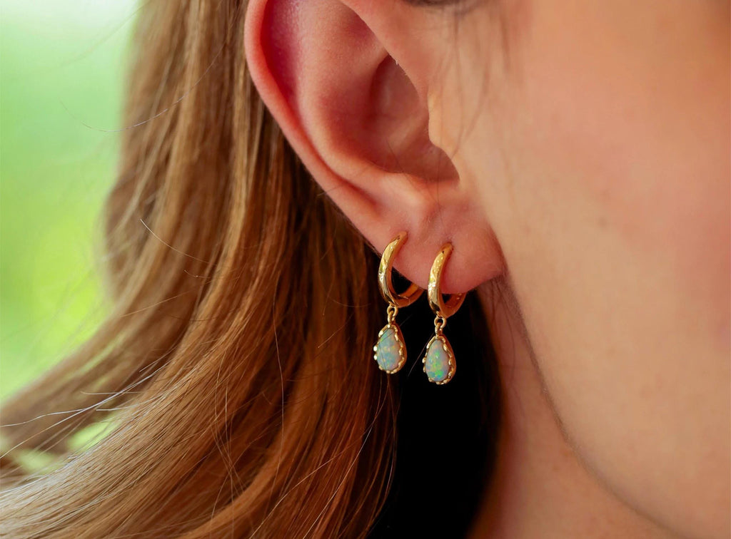 14K Solid Gold Opal Hoop Earrings - Minimalist Gold Drop Earrings