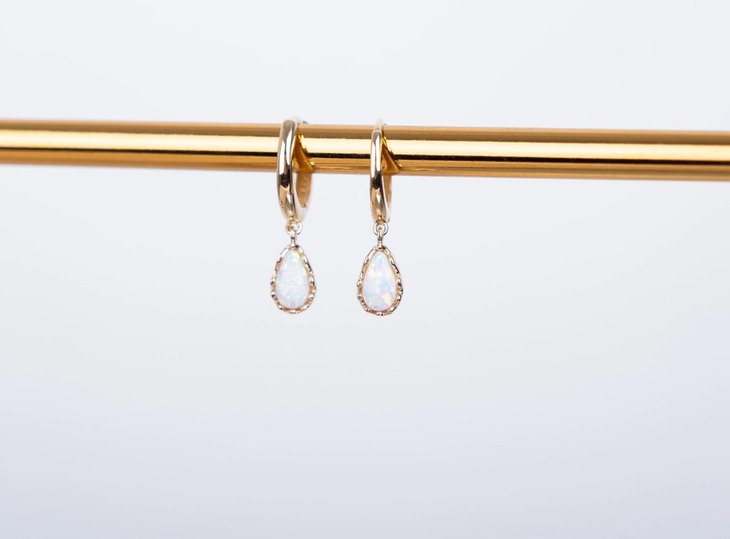 14K Solid Gold Opal Hoop Earrings - Minimalist Gold Drop Earrings