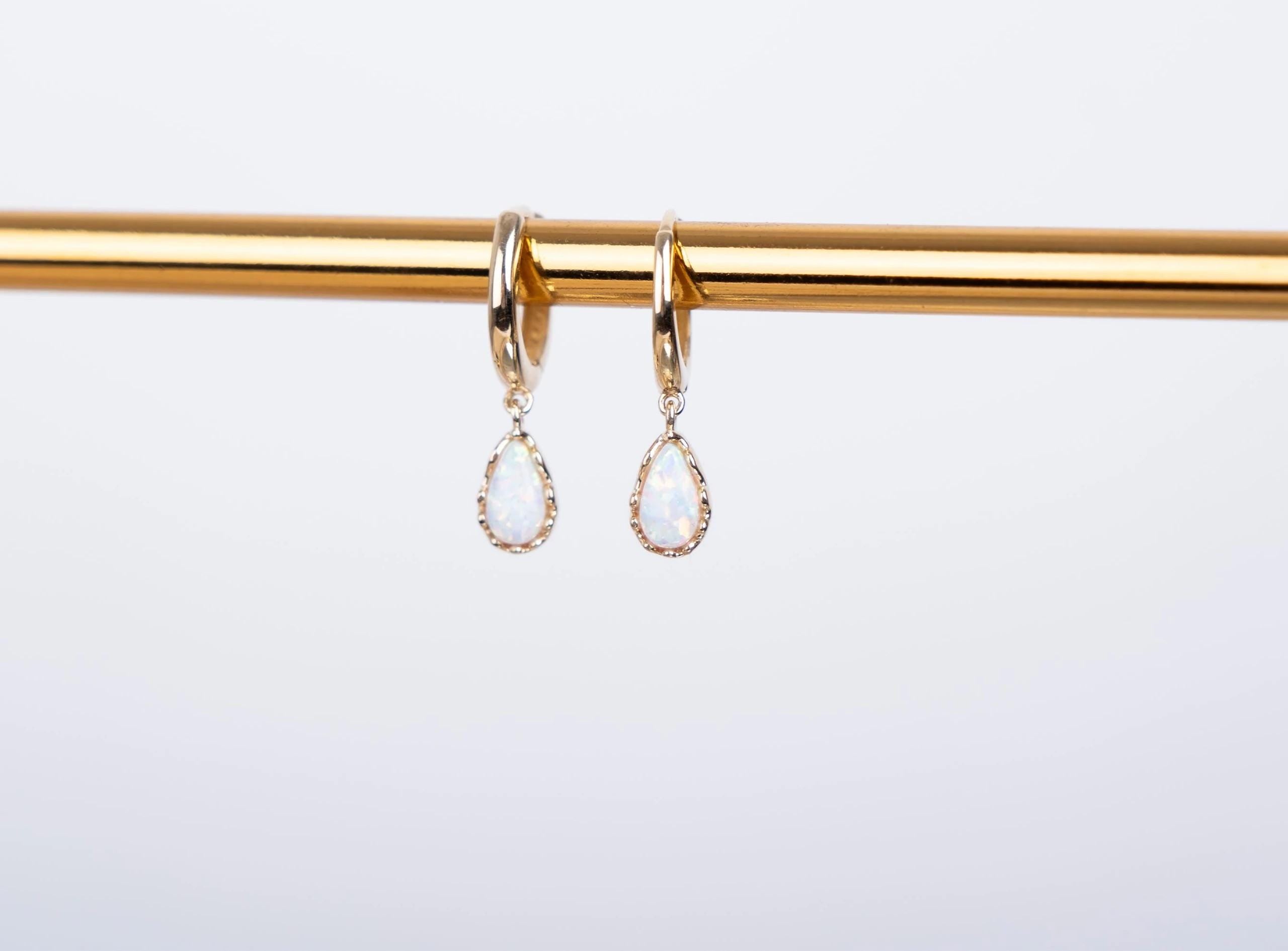 14K Solid Gold Opal Hoop Earrings - Minimalist Gold Drop Earrings
