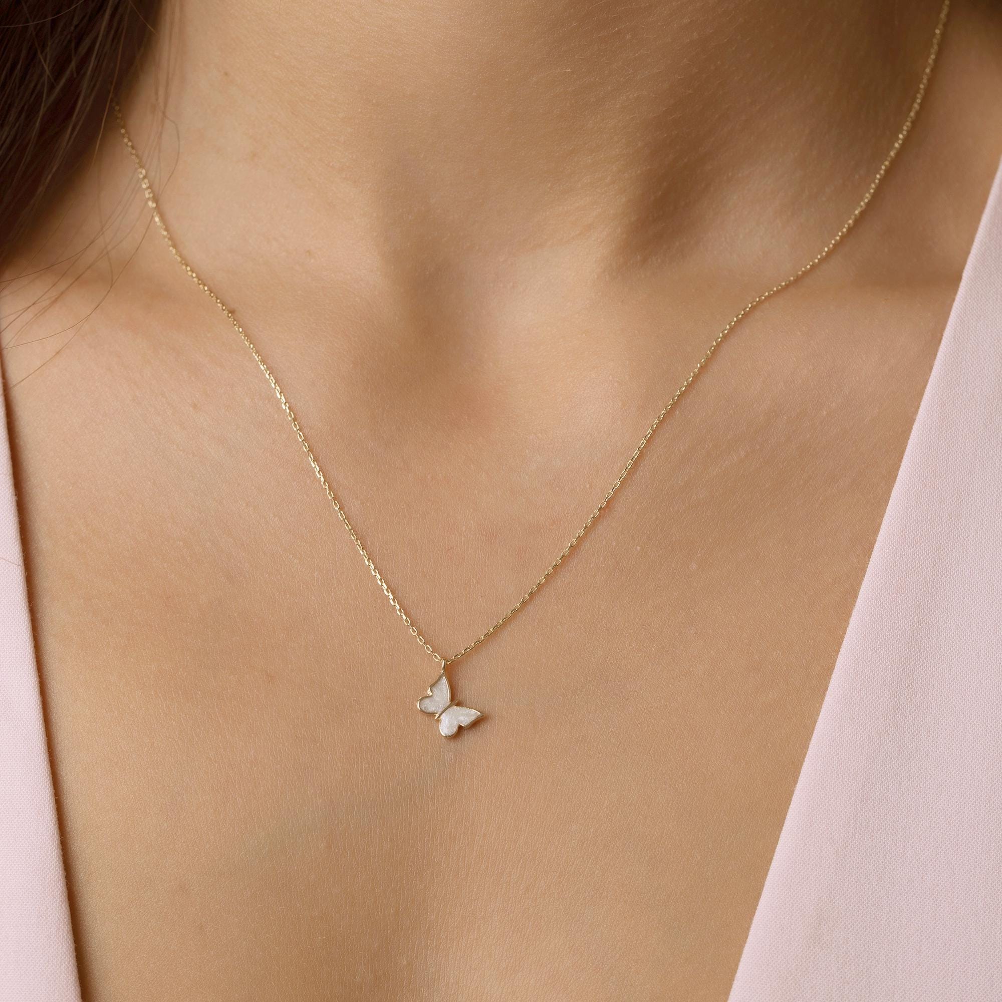 14K Solid Gold Butterfly Necklace - Minimalist Everyday Jewelry