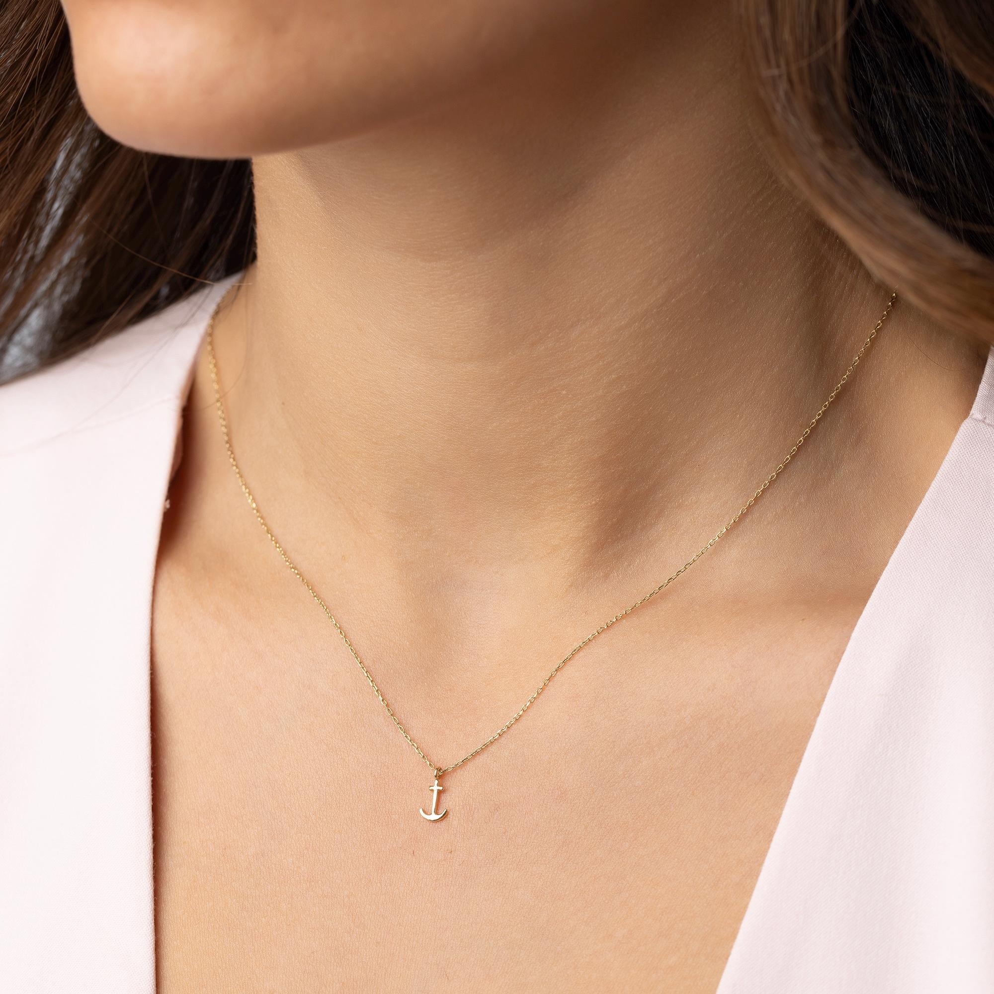 14K Solid Gold Anchor Necklace - Minimalist Nautical Pendant