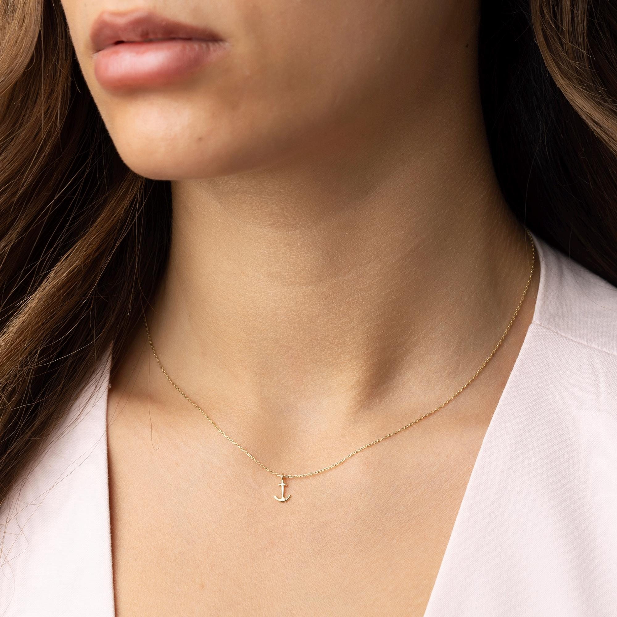 14K Solid Gold Anchor Necklace - Minimalist Nautical Pendant