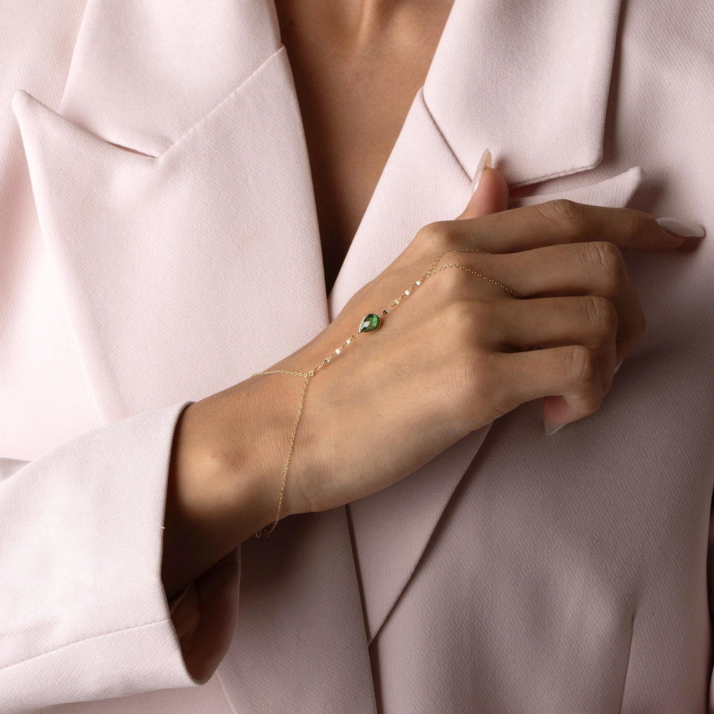 14K Solid Gold Multicolor Hand Chain Bracelet - Red Green Blue Gemstone Jewelry