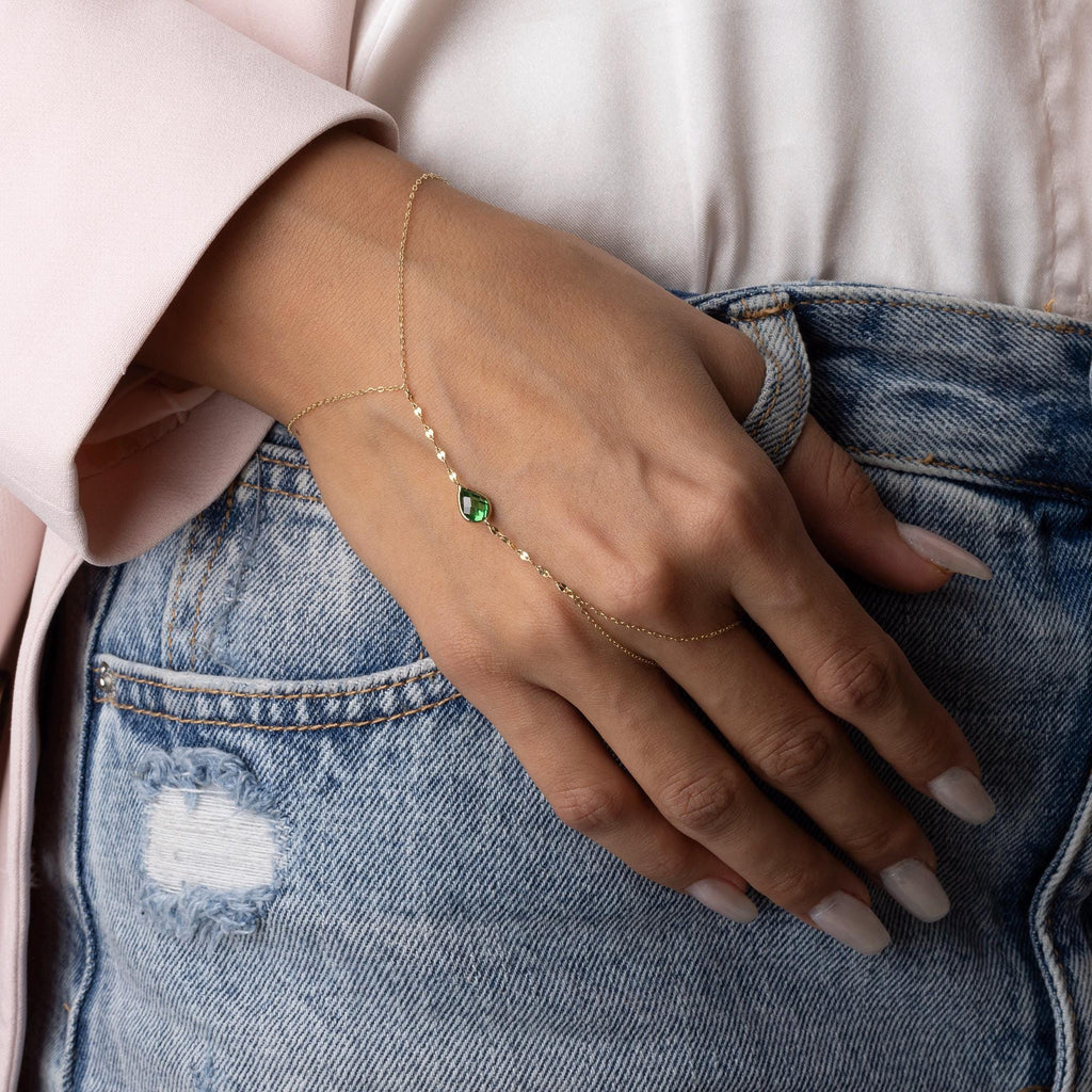 14K Solid Gold Multicolor Hand Chain Bracelet - Red Green Blue Gemstone Jewelry