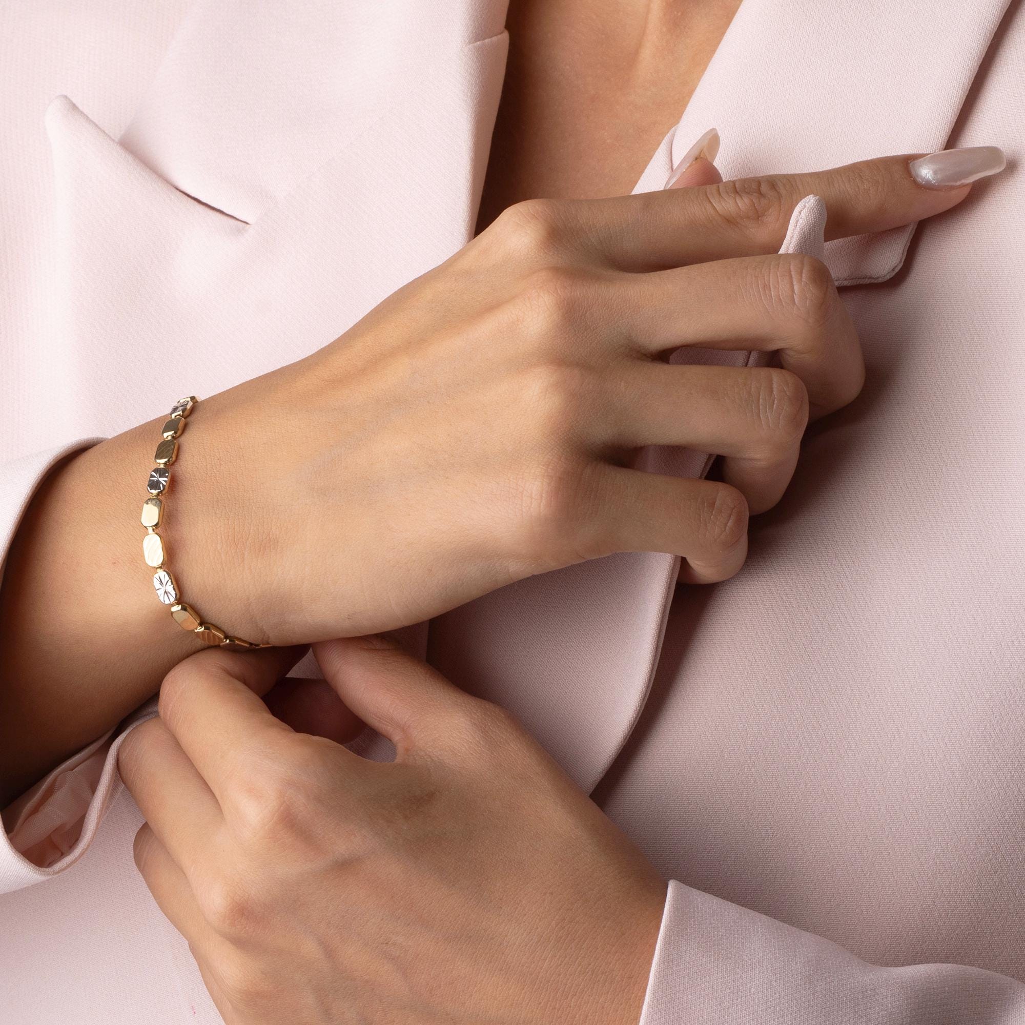 14K Solid Gold Two-Tone Bracelet – Elegant Real Gold Jewelry with White Gold Accents, Minimalist Bracelet for Women, Everyday Gift