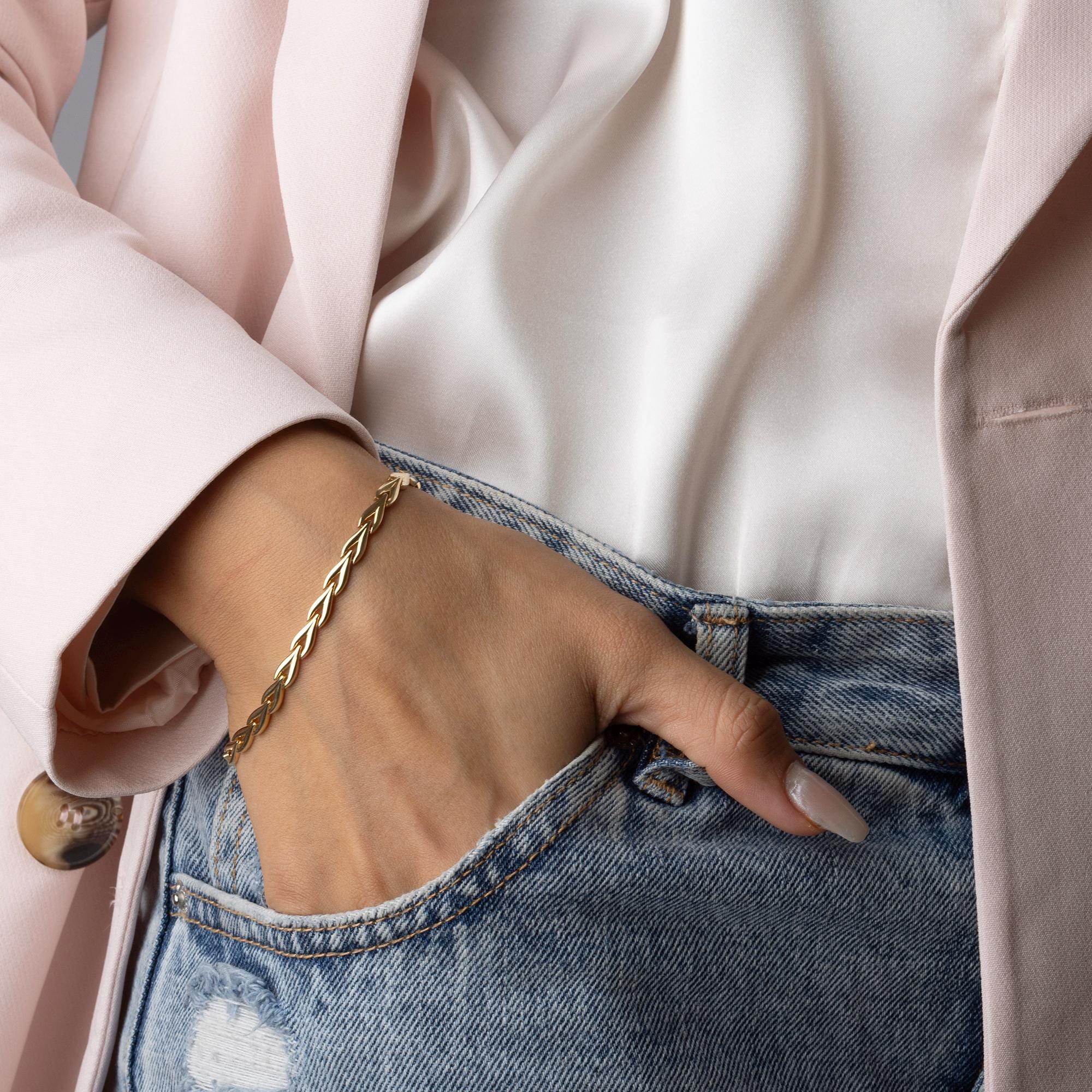 14K Solid Gold Leaf Link Bracelet – Dainty Chain Bracelet for Women, Minimalist Real Gold Jewelry, Everyday Elegant Gift